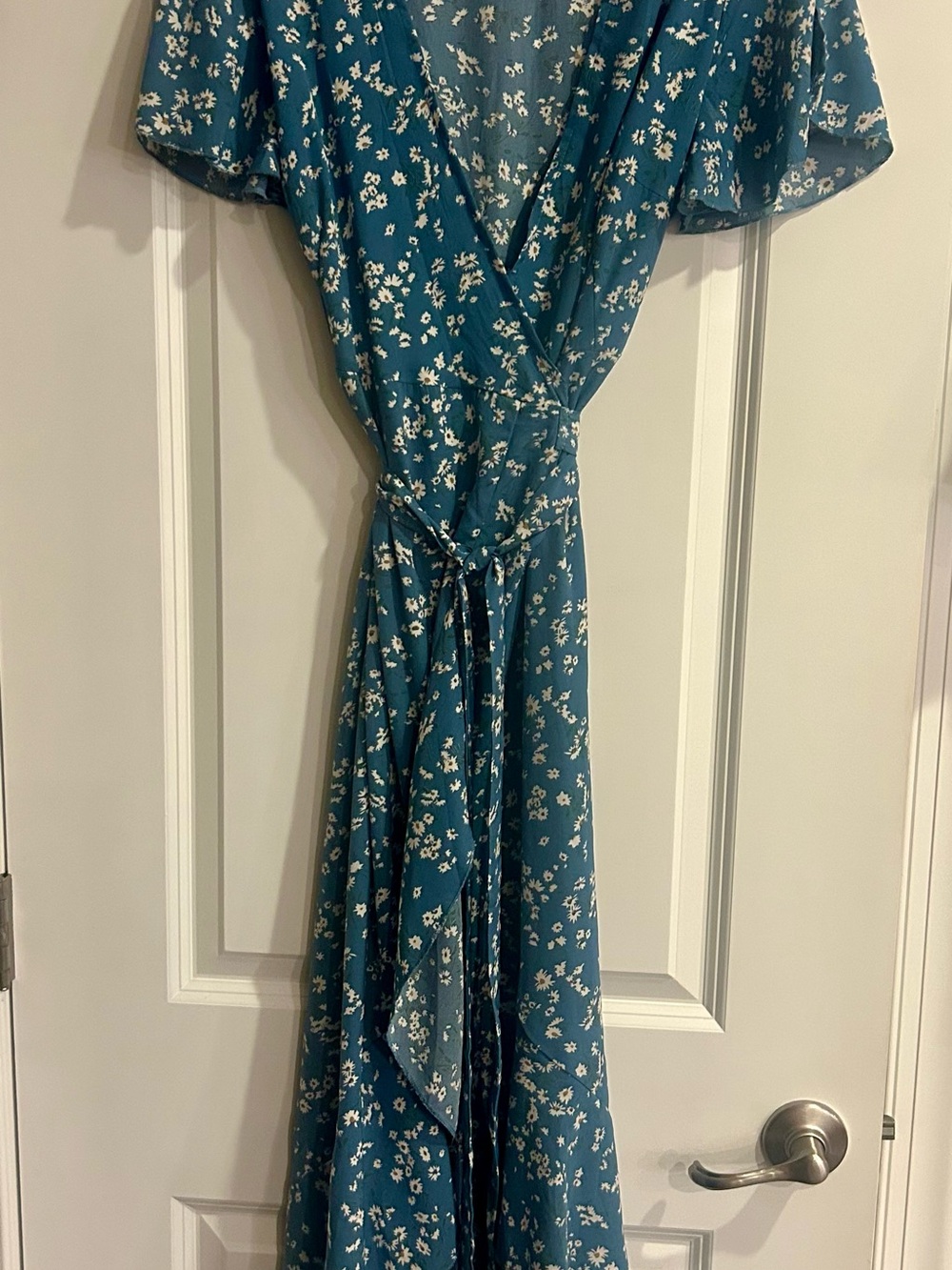 Simplee Apparel Slate Blue Floral Wrap Maxi Dress with Short Flutter Sleeves